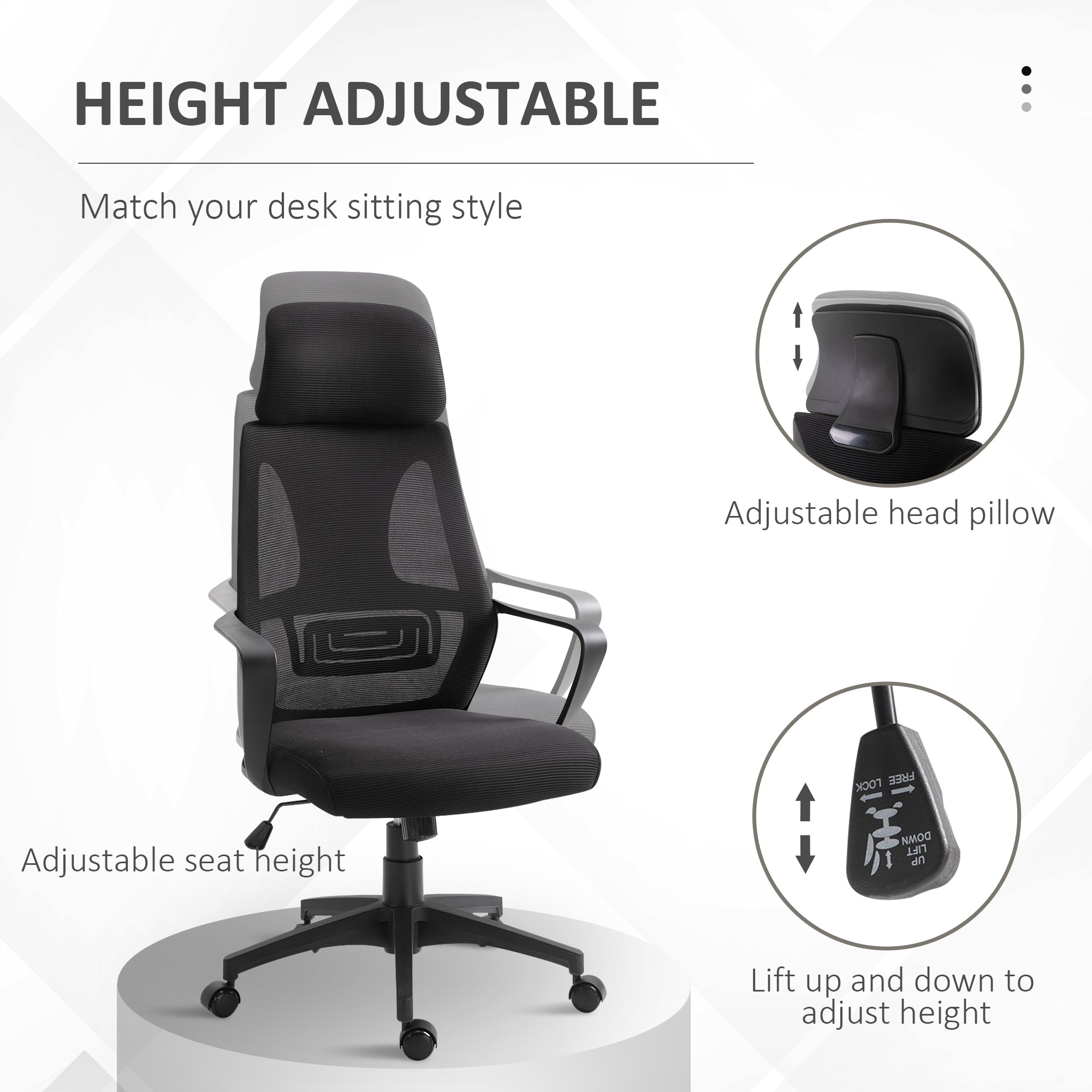 Vinsetto Ergonomic Office Chair, High Back Computer Chair, Mesh Desk Chair with Lumbar Support, Headrest, Wheel, Adjustable Height, Black 