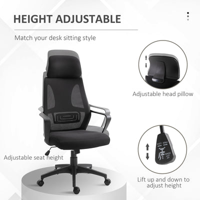 Vinsetto Ergonomic Office Chair, High Back Computer Chair, Mesh Desk Chair with Lumbar Support, Headrest, Wheel, Adjustable Height, Black 