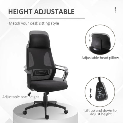 Vinsetto Ergonomic Office Chair, High Back Computer Chair, Mesh Desk Chair with Lumbar Support, Headrest, Wheel, Adjustable Height, Black 