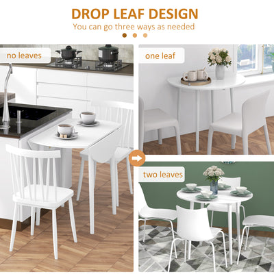HOMCOM Folding Dining Table for 4, Round Drop Leaf Table, Modern Space Saving Small Kitchen Table with Wood Legs for Dining Room, White 
