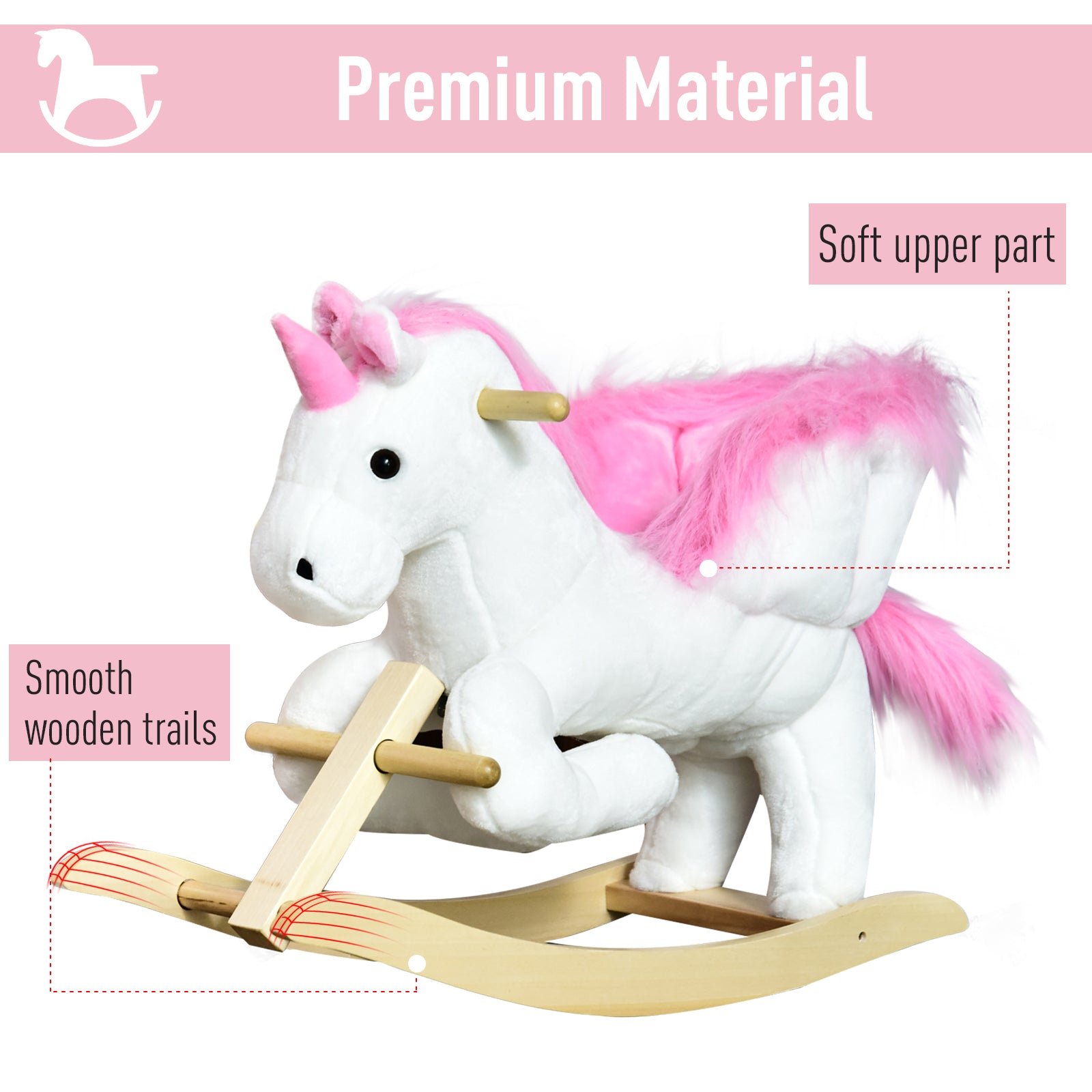 HOMCOM Kids Rocking Horse Unicorn Wooden Plush Ride On Chair Toy with Music 1.5-3 Years 