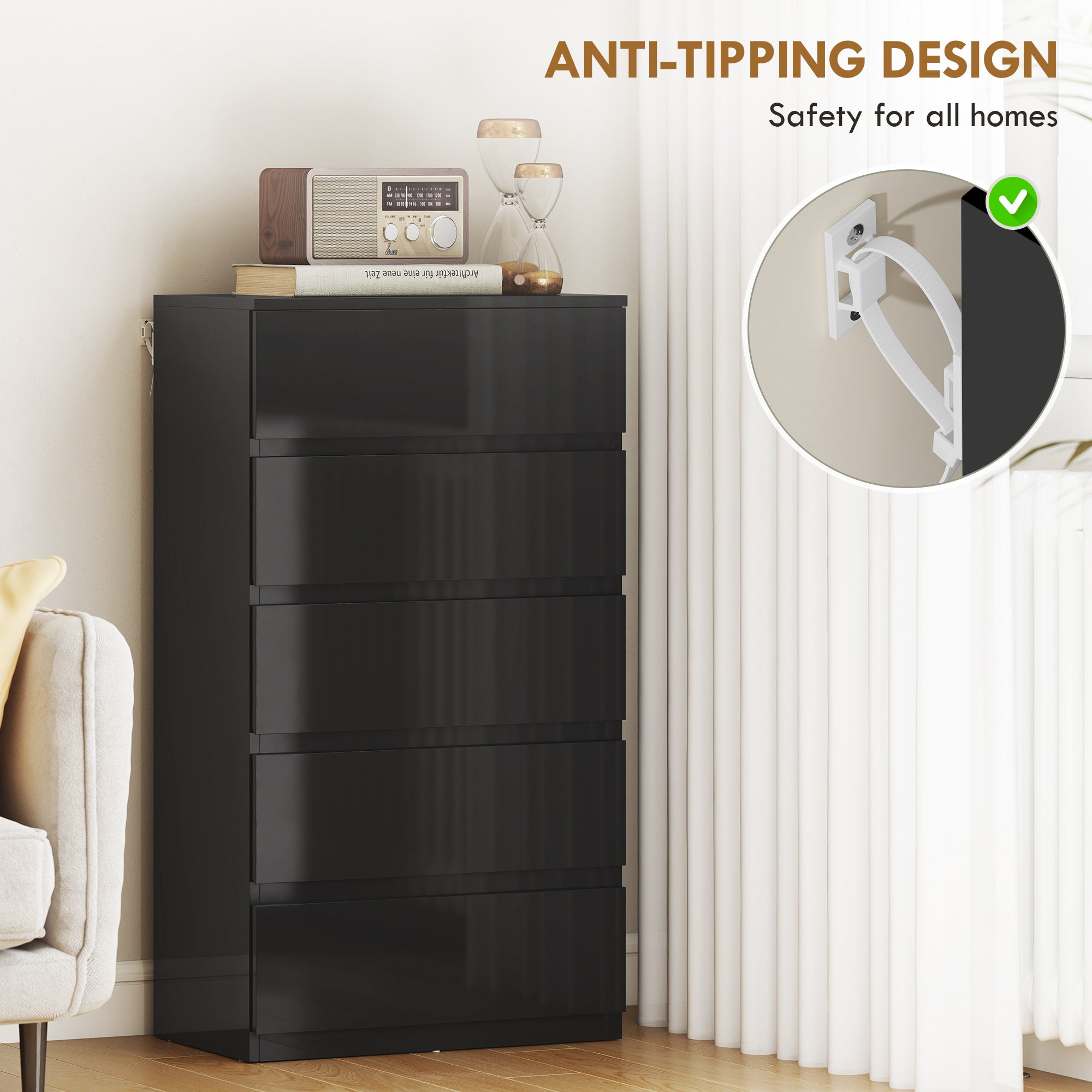 HOMCOM Chest of Drawers, 5-Drawer Storage Cabinets, Modern Dresser, Storage Drawer Unit for Bedroom 