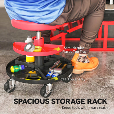 HOMCOM Rolling Mechanic Stool, 135kg Capacity Workshop Stool, 360° Swivel Roller Padded Creeper Seat with Wheels, Tool Trays Storage for Garage, Shop, Auto Repair, Red 