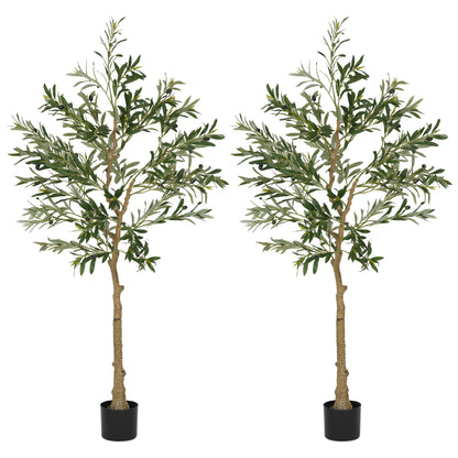 HOMCOM Set of 2 5ft/ 150cm Decorative Artificial Plant, Silk Olive Tree with 720 Leaves and 32 Olive Fruits in Pot, Fake Plant for Home, Office, Living Room, Indoor Decor