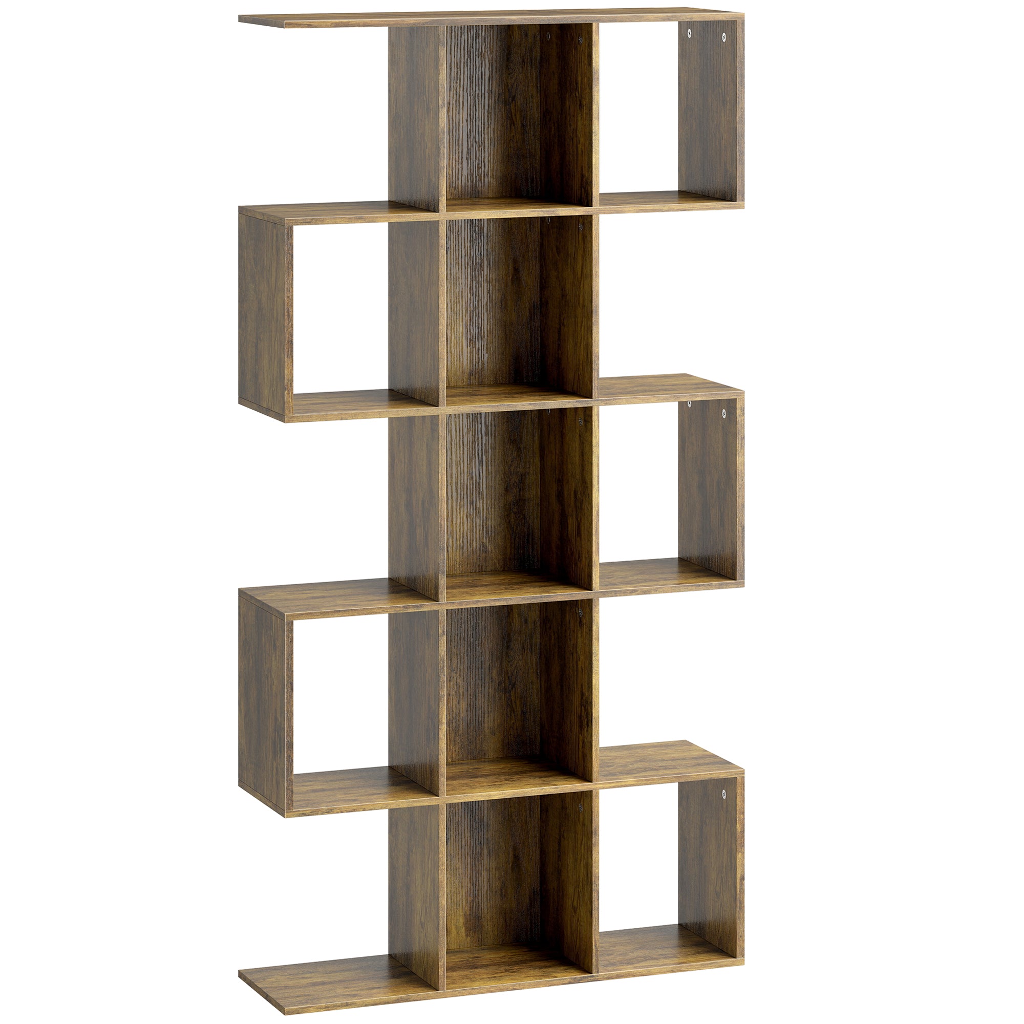 HOMCOM 5-Tier Bookshelf, S Shaped Geometric Bookcase with 15 Compartments, Rustic Brown 