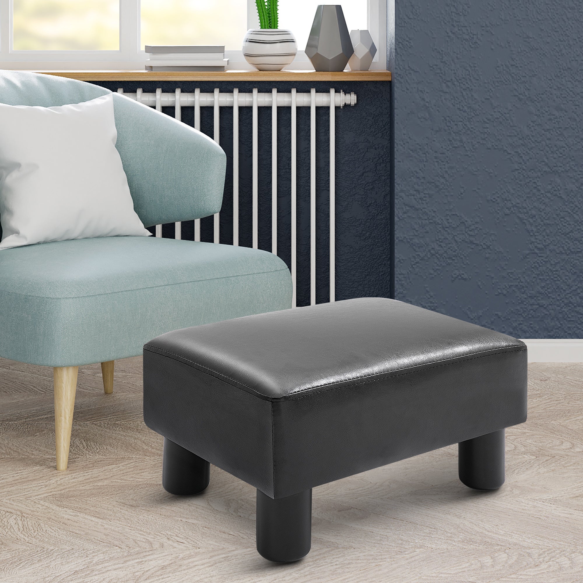 HOMCOM Faux Leather Footstool, Small Foot Rest, Rectangle Sofa Stool for Bedroom Living Room, Black 