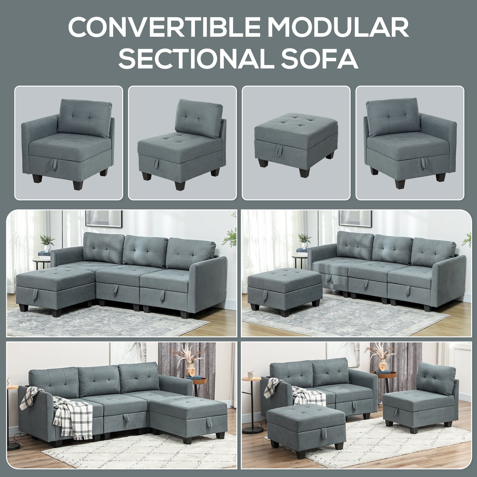 HOMCOM 'L' Shape Modular Sofa, with Storage - Dark Grey 