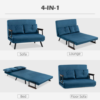 HOMCOM 4-in-1 Velvet-Feel Double Sofa Bed, with Pillows - Blue 