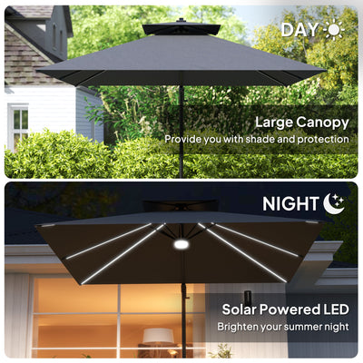 Outsunny 2.5m Cantilever Parasol with Solar Powered LED Lights, 360° Rotation, Tilt Adjustment, Crank Handle, Dark Grey 