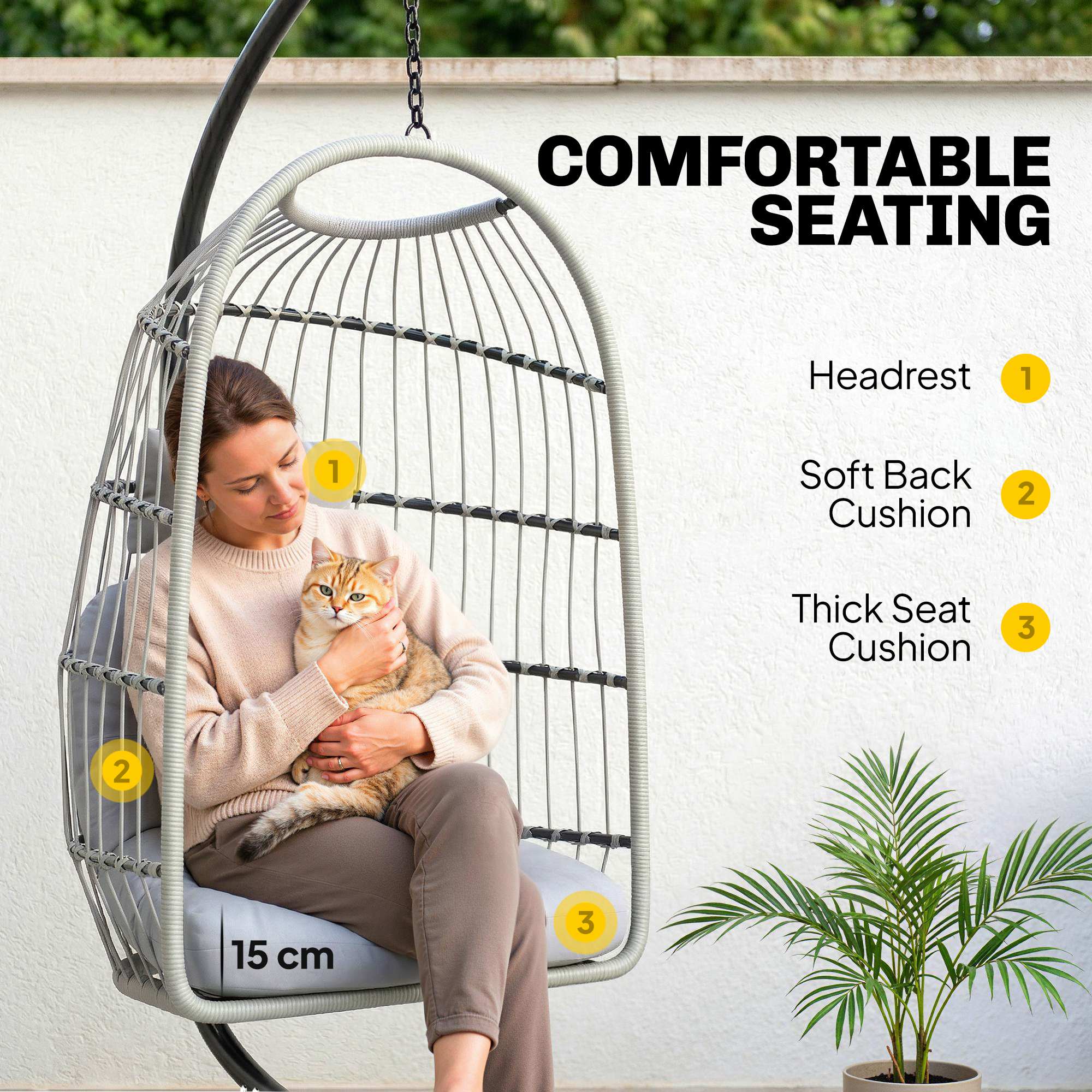 Outsunny Hanging Egg Chair, Indoor Outdoor Hammock Swing Chair with Stand, Safety Strap, Foldable Basket, Light Grey 
