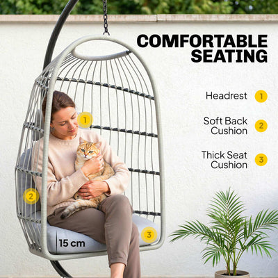 Outsunny Hanging Egg Chair, Indoor Outdoor Hammock Swing Chair with Stand, Safety Strap, Foldable Basket, Light Grey 