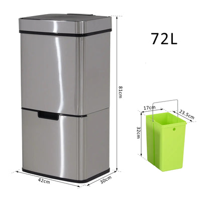 HOMCOM 72L Recycling Sensor Bin Stainless Steel 3 Compartments For Both Wet/Dry Waste w/Removable Lid Kitchen Home 