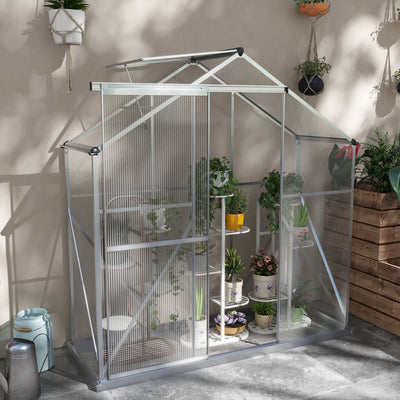 Outsunny 6 x 2.5ft Polycarbonate Greenhouse Walk-In Green House with Rain Gutter, Sliding Door, Window, Foundation, Silver 