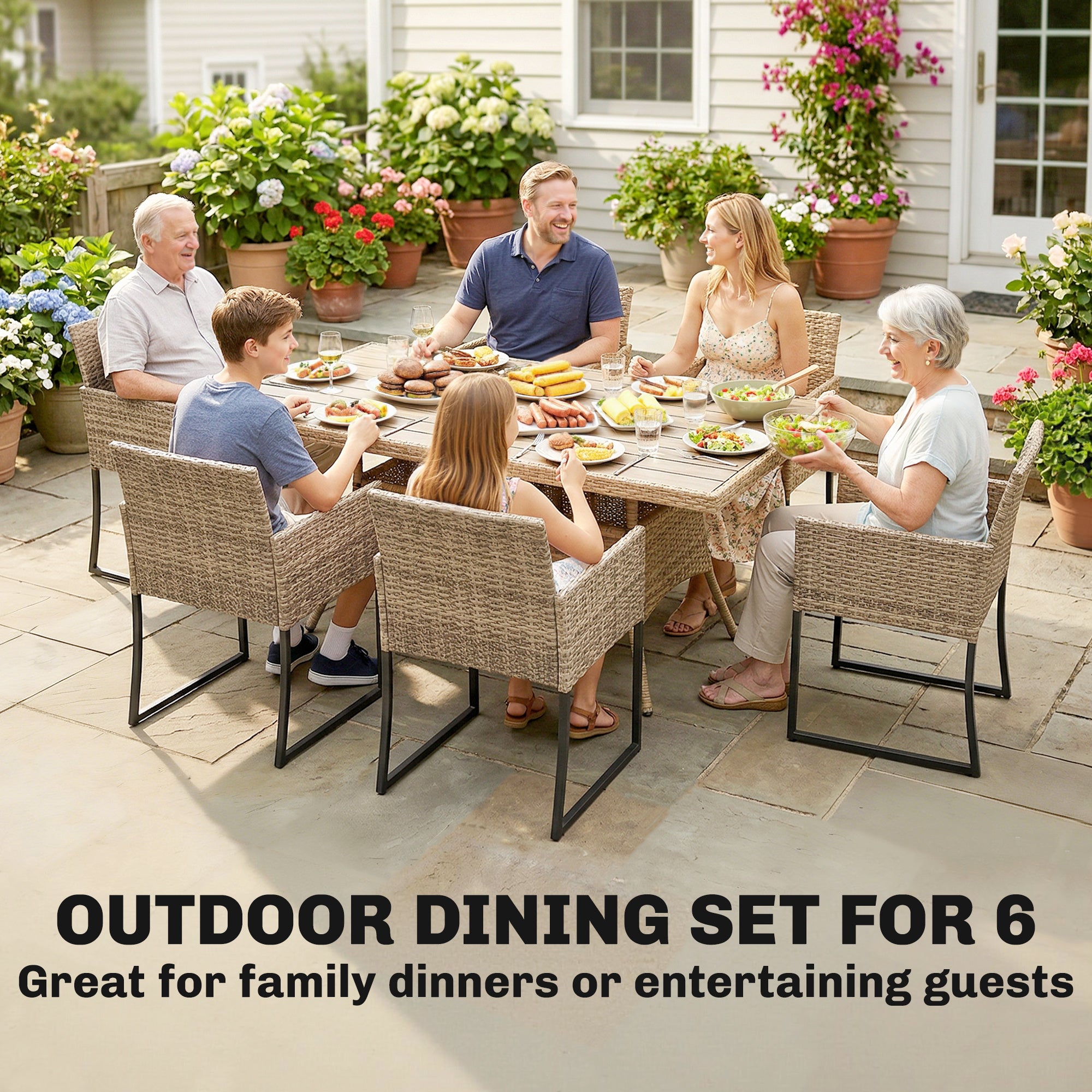 Outsunny 7 Piece Rattan Garden Furniture Set, Garden Dining Set with Wood-Plastic Table and 6 Stackable Chairs, Dark Grey 