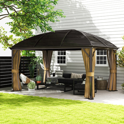 Outsunny 3 x 4m Hardtop Gazebo Canopy with Metal Roof, Aluminium Gazebo Permanent Pavilion with Netting and Curtains, Brown 