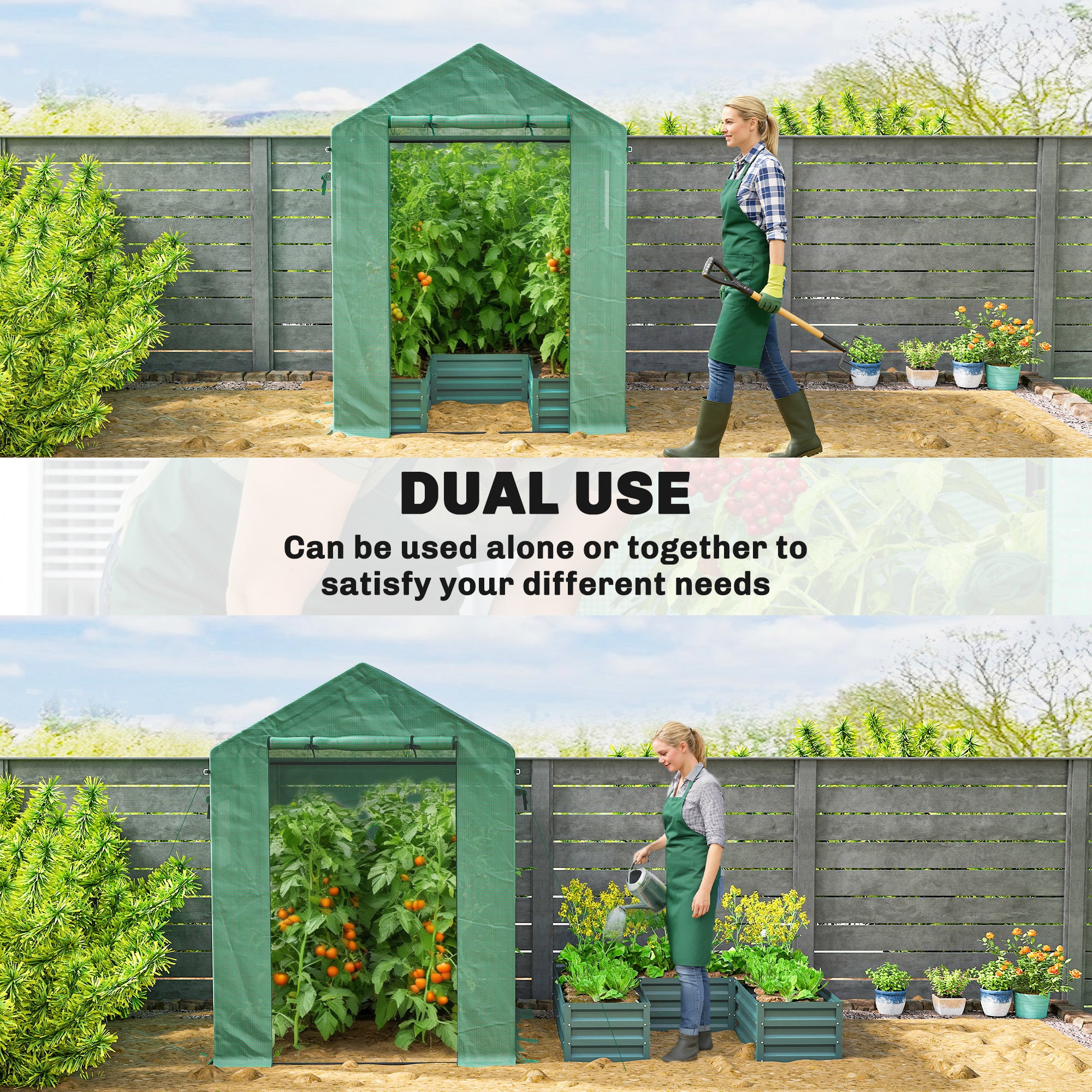 Outsunny Small Greenhouse with Raised Garden Bed, Galvanised Walk-in Greenhouse with Roll Up Windows, 141 x 141 x 190 cm, Green 