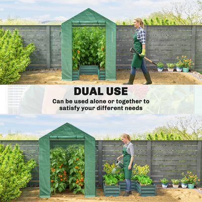 Outsunny Small Greenhouse with Raised Garden Bed, Galvanised Walk-in Greenhouse with Roll Up Windows, 141 x 141 x 190 cm, Green 