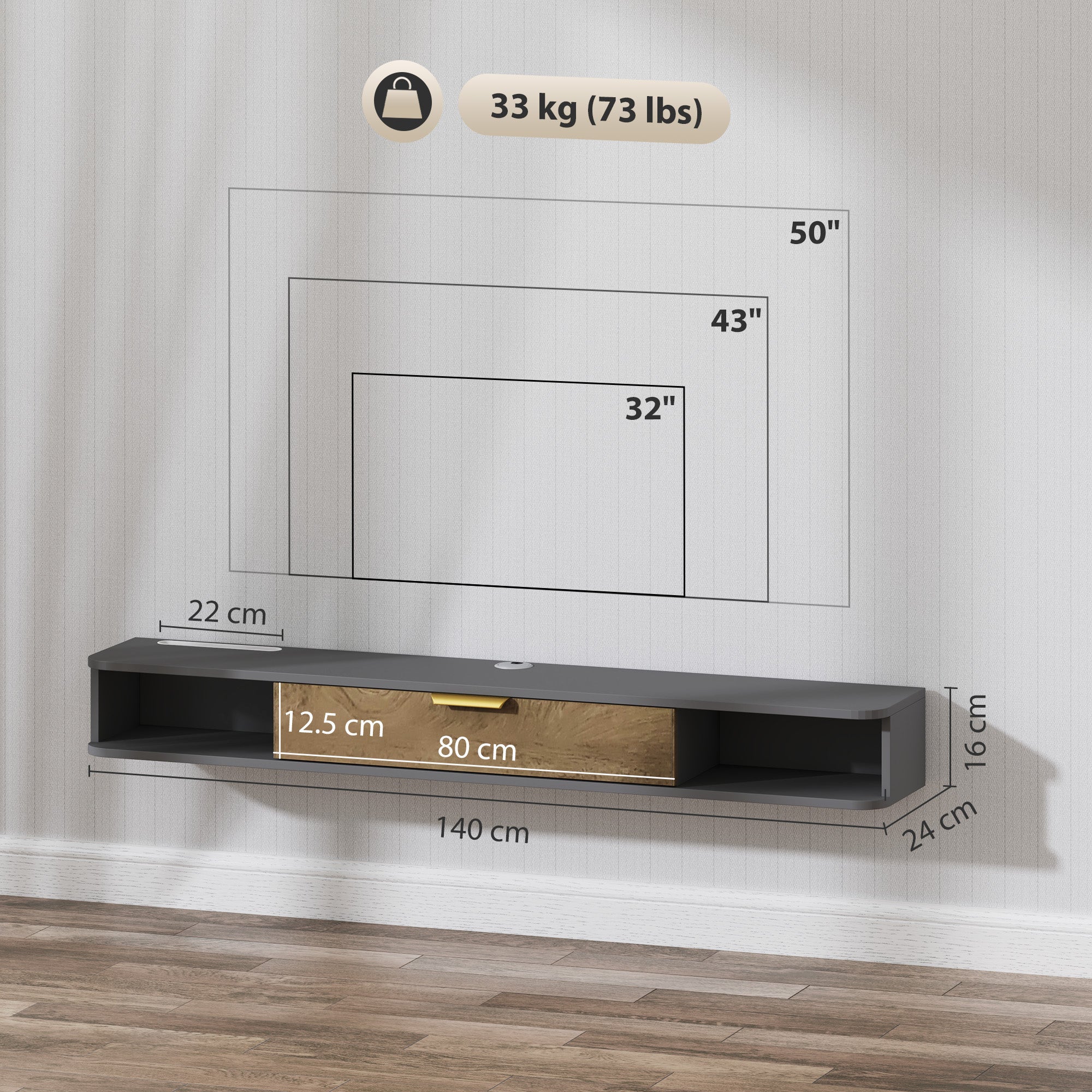 HOMCOM 140 cm Floating TV Stand with Storage - Charcoal Grey 