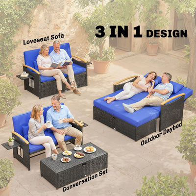 Outsunny Double Garden Rattan Daybed, Wicker Sun Bed Chaise Lounger with Storage Ottoman, 4-Level Adjustable Backrest, Brown 