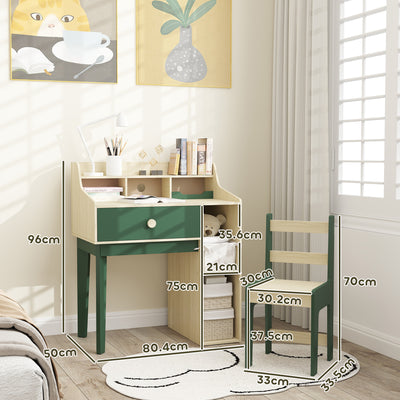AIYAPLAY Kids Desk and Chair Set with Storage Shelves and Drawer, Green 