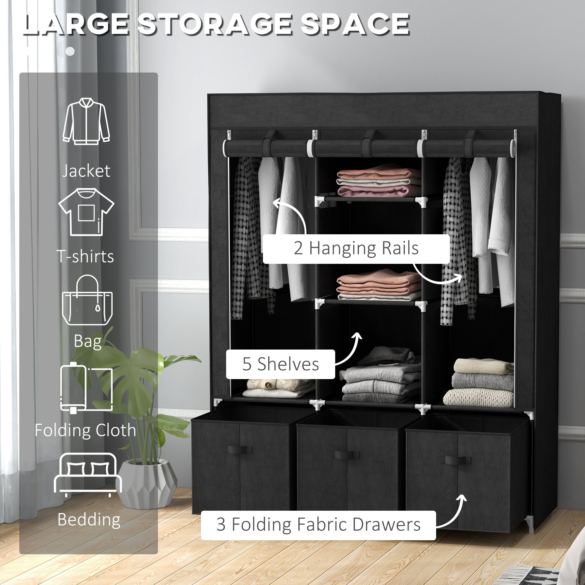 HOMCOM Foldable Fabric Wardrobe for Bedroom, Portable Wardrobe with 5 Shelves, 2 Hanging Rails and 3 Fabric Drawers, Black 