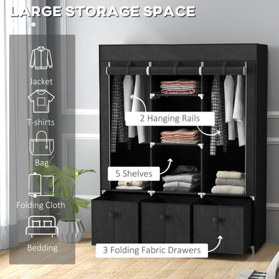 HOMCOM Foldable Fabric Wardrobe for Bedroom, Portable Wardrobe with 5 Shelves, 2 Hanging Rails and 3 Fabric Drawers, Black 