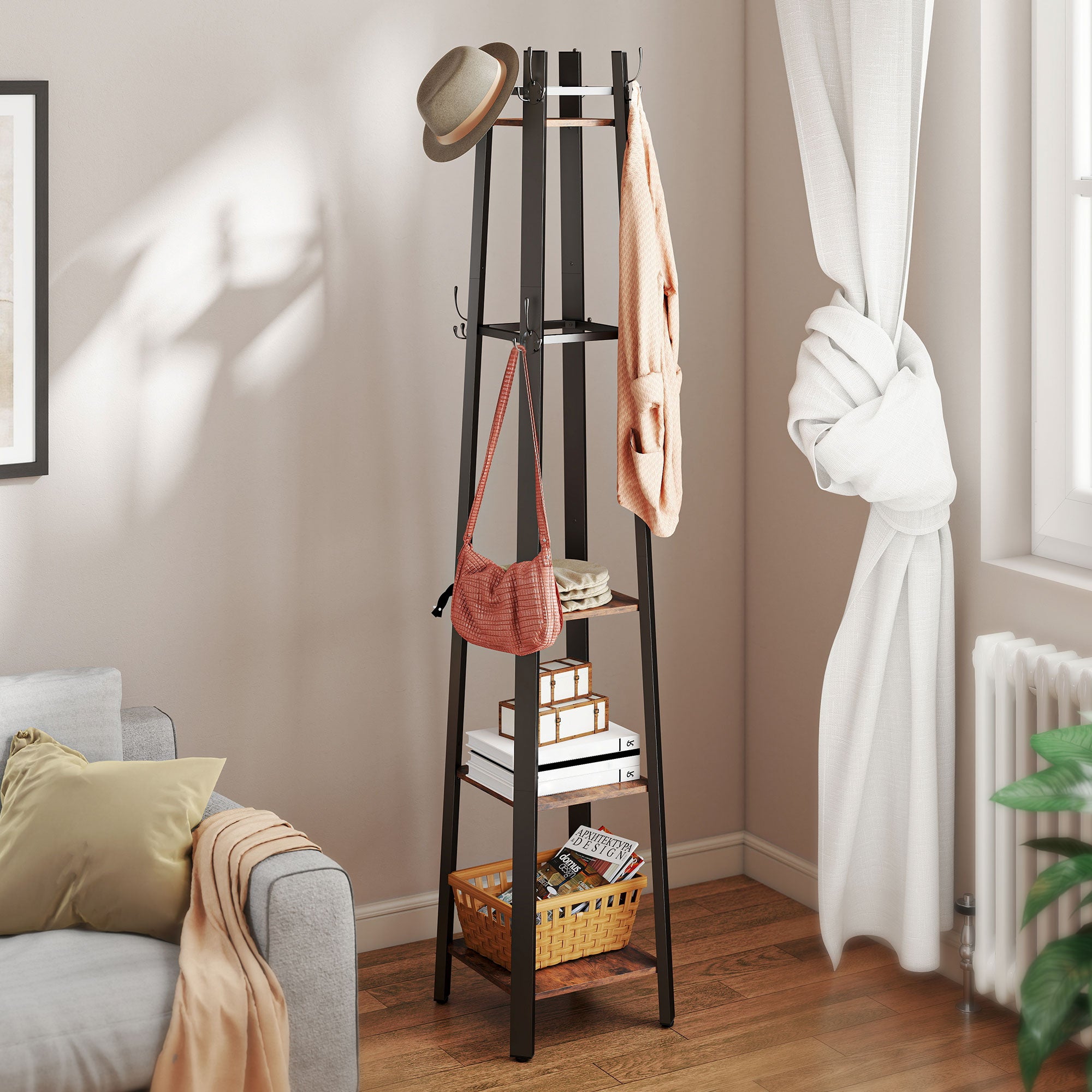 HOMCOM Industrial-Style Four Shelf Coat Stand - Brown/Black