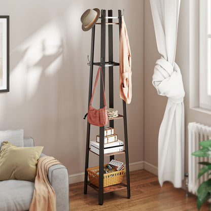 HOMCOM Industrial-Style Four Shelf Coat Stand - Brown/Black
