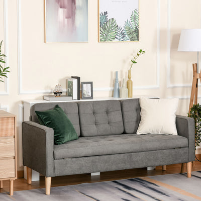 HOMCOM Modern 3 Seater Sofa with Hidden Storage, 169cm Tufted Cotton Couch with Wood Legs, Compact Sofa for Living Room, Grey 