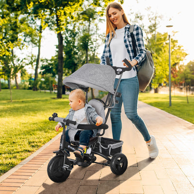 HOMCOM 6 in 1 Kids Trike Push Bike w/ Push Handle, Canopy, 5-point Safety Belt, Storage, Footrest, Brake, for 1-5 Years, Grey 