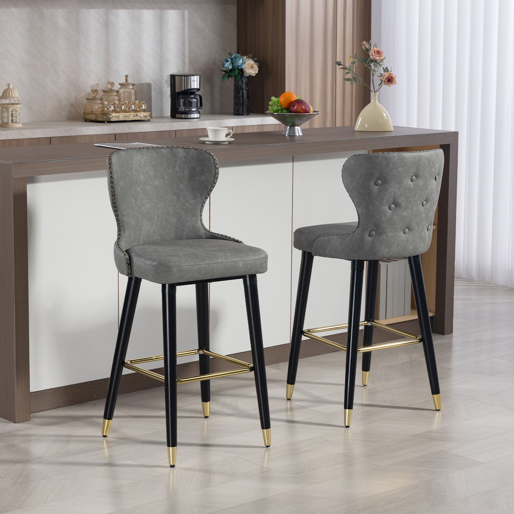 HOMCOM Bar Stools Set of 2, PU Leather Barstools with Back, Footrest and Wood Legs for Kitchen, Counter, Breakfast Bar, Grey 