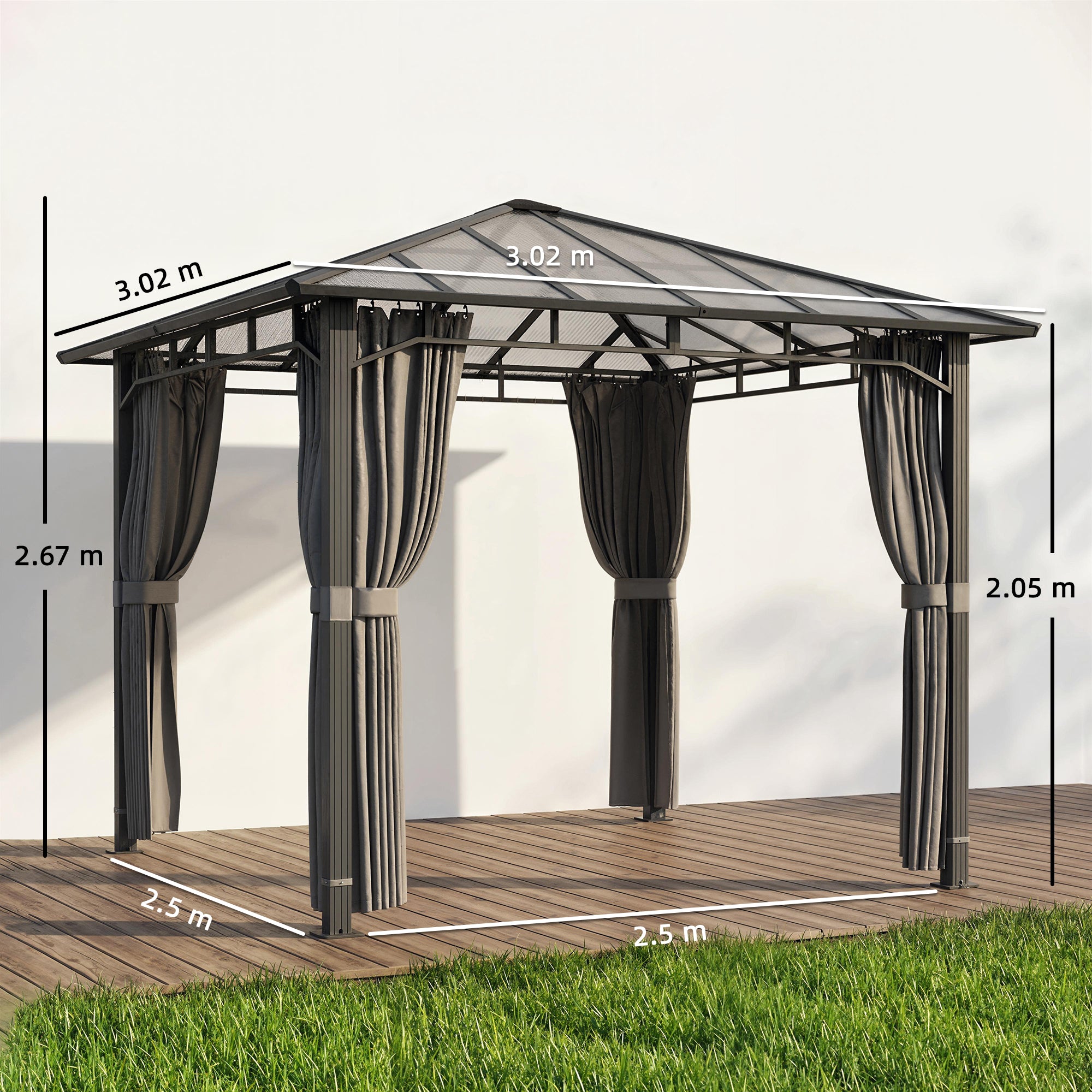Outsunny 3 x 3 m Outdoor Hardtop Gazebo Canopy with PC Roof, Aluminium Permanent Pavilion Garden Gazebo with Curtains, Tan 