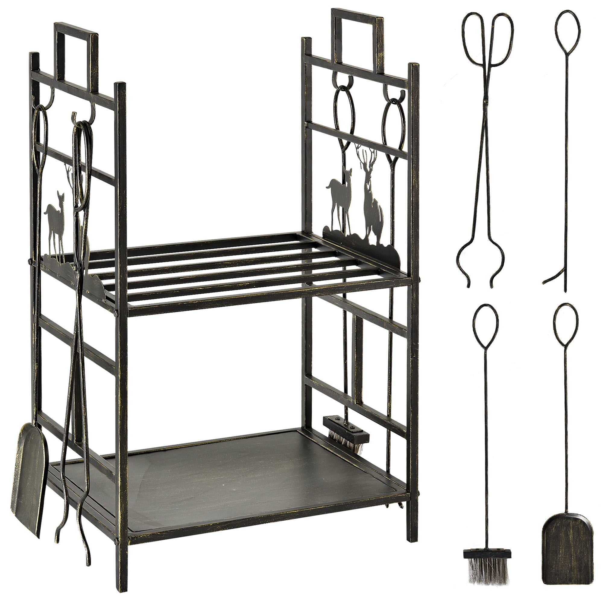 Outsunny Metal Firewood Log Holder 2 Tier Firewood Rack Indoor Outdoor Fireplace Wood Storage Shelf with 4 Tools, Hooks, Elk Shape Design, Black Gold Tone, 51.5W x 33D x 77H cm 