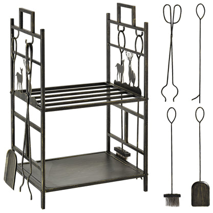 Outsunny Metal Firewood Log Holder 2 Tier Firewood Rack Indoor Outdoor Fireplace Wood Storage Shelf with 4 Tools, Hooks, Elk Shape Design, Black Gold Tone, 51.5W x 33D x 77H cm 