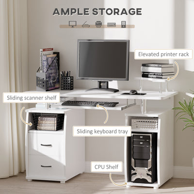 HOMCOM Computer Desk Office PC Table Workstation with Keyboard Tray, CPU Shelf, Drawers, Sliding Scanner Shelf, White 