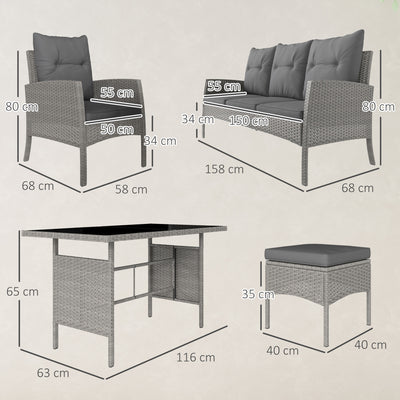 Outsunny 5 Seater Rattan Garden Furniture Set, 2 Armchairs, 3-Seater Wicker Sofa, 2 Footstools and Glass Table, 6 Piece Patio Rattan furniture Sofa Sets with Cushions for Conservatory, Grey 