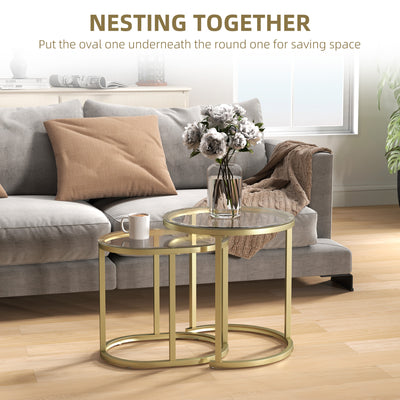 HOMCOM Modern Coffee Table Set of 2, Nest of Tables with Steel Frame and Tempered Glass Tabletop, Side Tables for Living Room Bedroom, Clear 