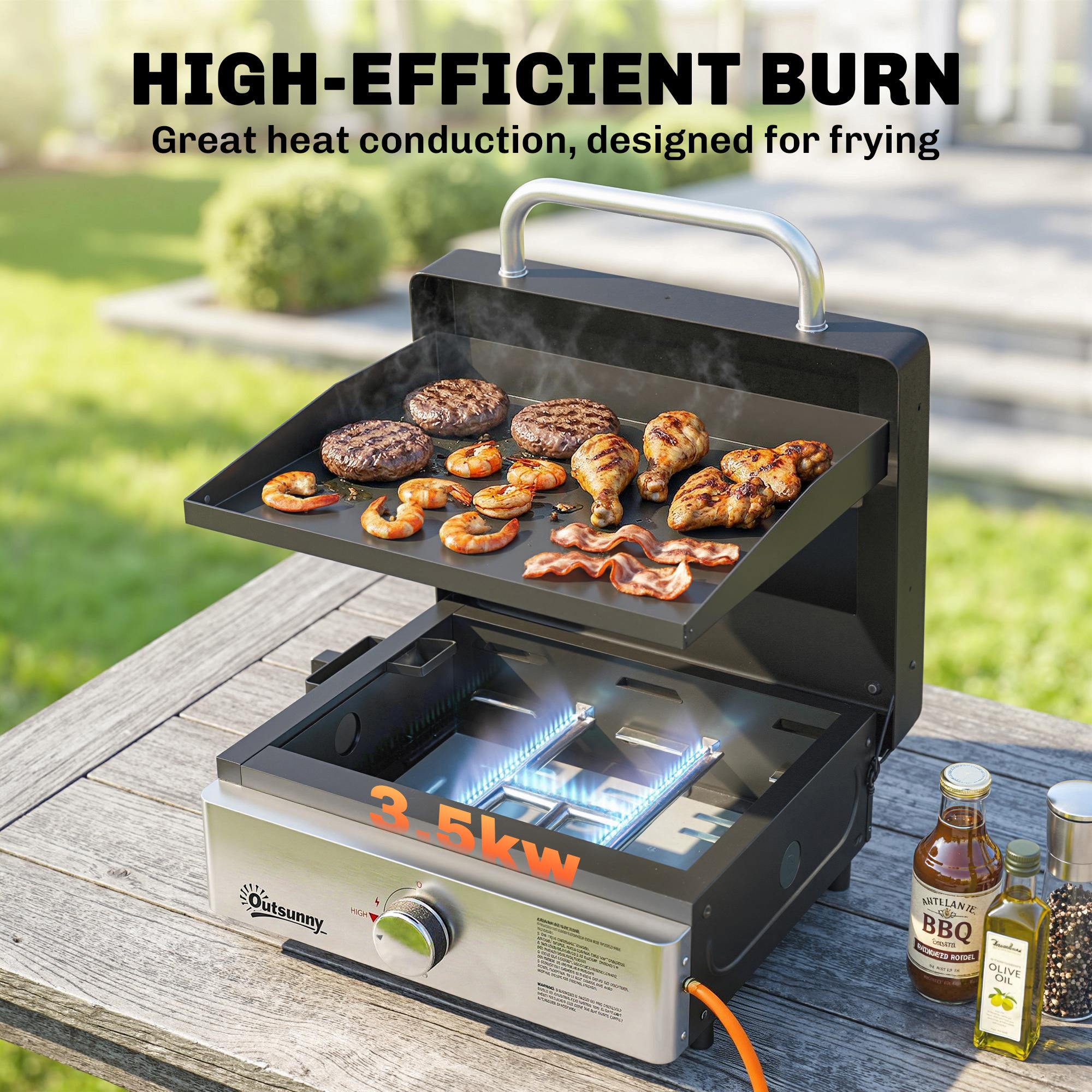 Outsunny Grill Griddle, Portable Gas Plancha, 3.5 kW, Tabletop Gas BBQ with Grease Cup for Camping Picnic Patios, Black 