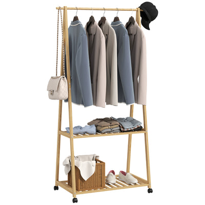 HOMCOM Bamboo Clothes Rack, with Shelves and Hooks - Natural Finish 