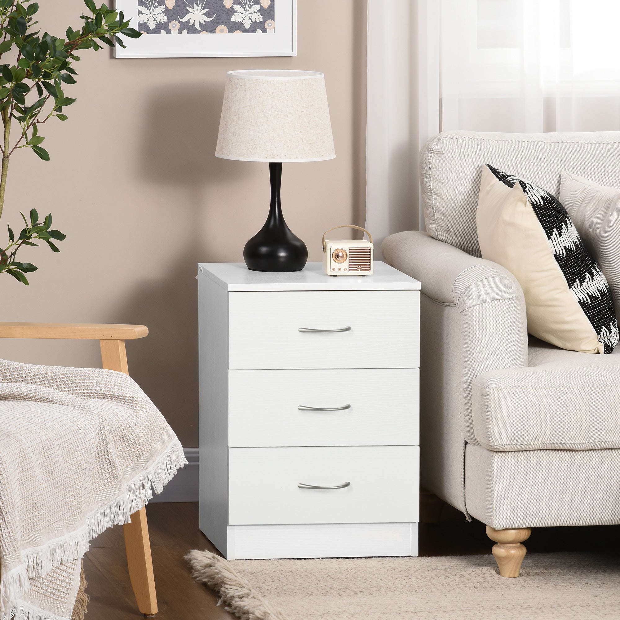 HOMCOM Three-Drawer Simple Bedside Table - White 