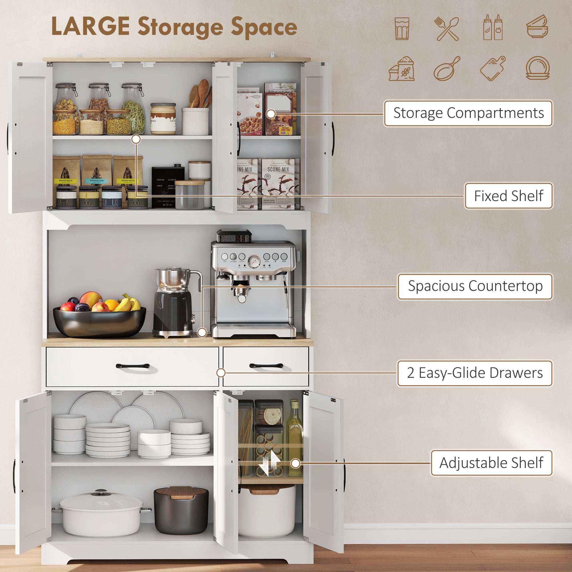 HOMCOM 175 cm Tall Kitchen Pantry Cabinet with Microwave Stand, Freestanding Pantry Cupboard, White 