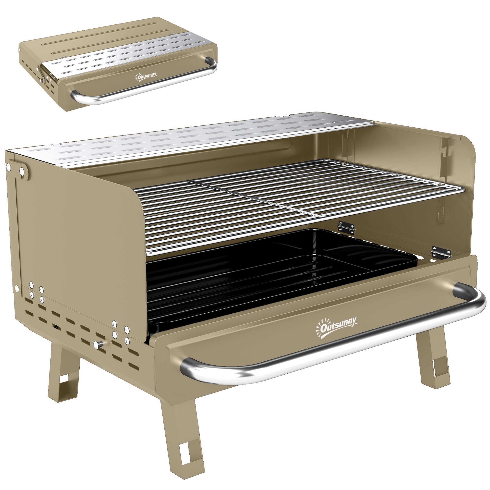 Outsunny Portable BBQ Grill, Charcoal Barbecue Grill with Adjustable Grates, Foldable Legs, Side Shelf for Camping Travel, Khaki 