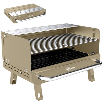 Outsunny Portable BBQ Grill, Charcoal Barbecue Grill with Adjustable Grates, Foldable Legs, Side Shelf for Camping Travel, Khaki 