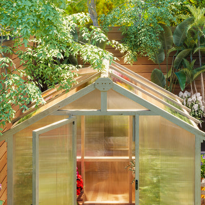 Outsunny 6.6 x 6ft Polycarbonate Greenhouse, Walk-in Wooden Greenhouse with Lockable Door and Window, Garden Plants Grow House, Brown 