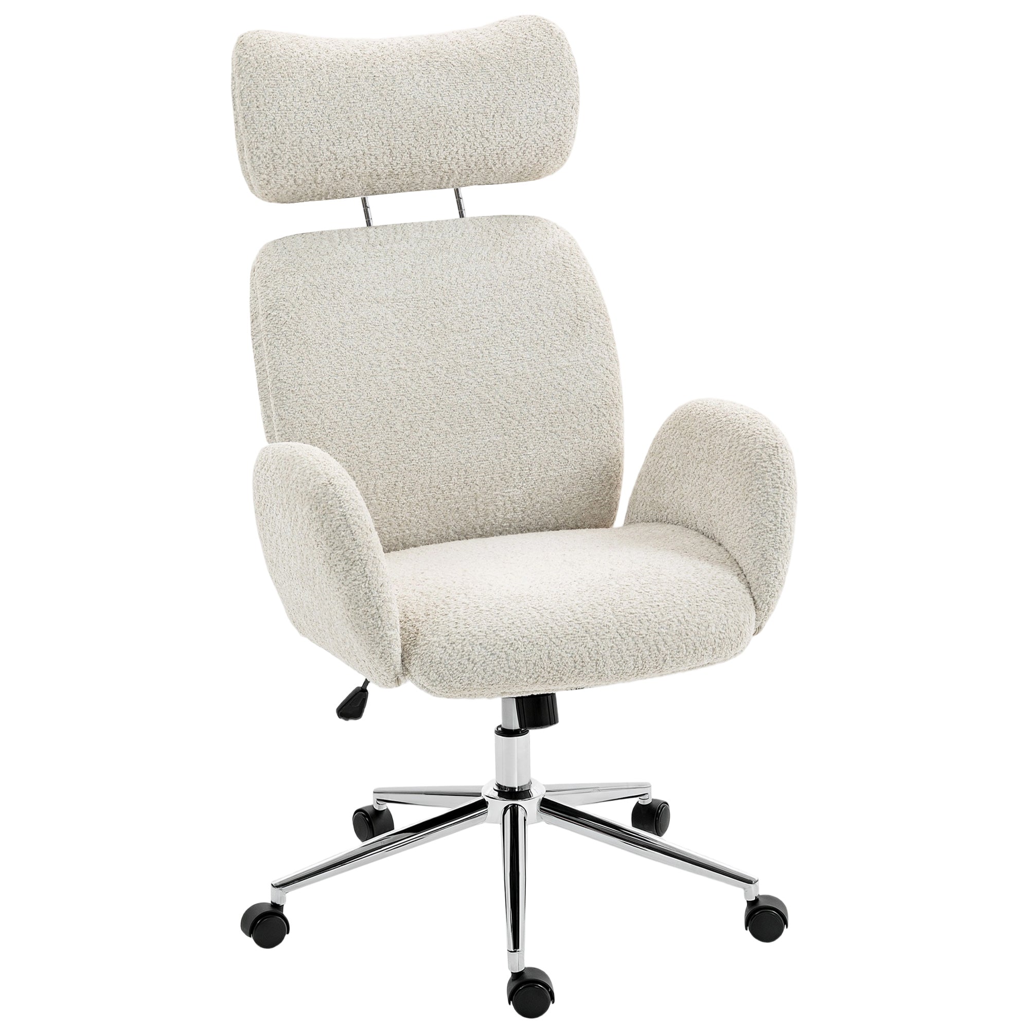 HOMCOM Office Chair with Adjustable Headrest, Spring Pack, Curved Line, Boucle Fabric - Pale Grey 