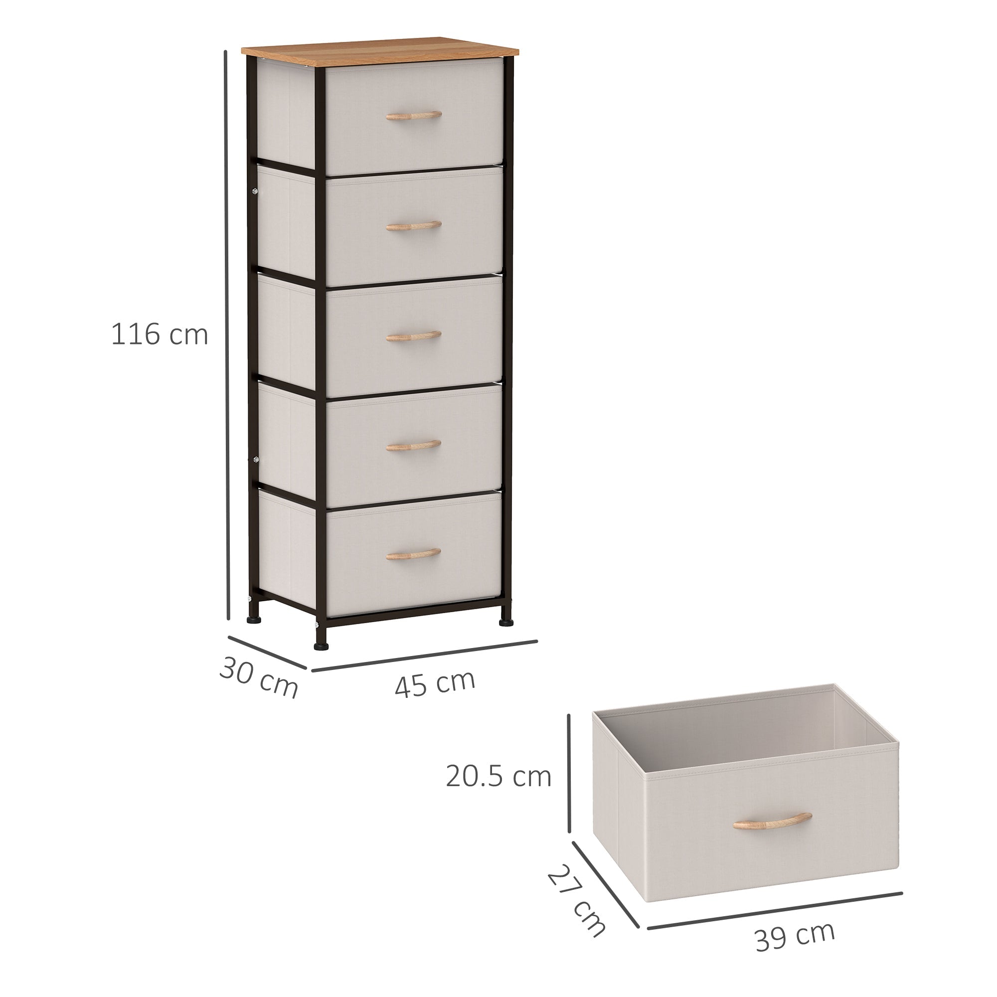 HOMCOM Fabric Chest of Drawers, Storage Drawers, Industrial Bedroom Dresser with 5 Fabric Drawers, Steel Frame and Wooden Top for Nursery, Living Room, Hallway, Cream White 
