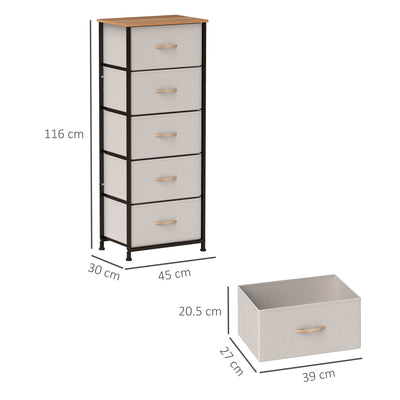 HOMCOM Fabric Chest of Drawers, Storage Drawers, Industrial Bedroom Dresser with 5 Fabric Drawers, Steel Frame and Wooden Top for Nursery, Living Room, Hallway, Cream White 