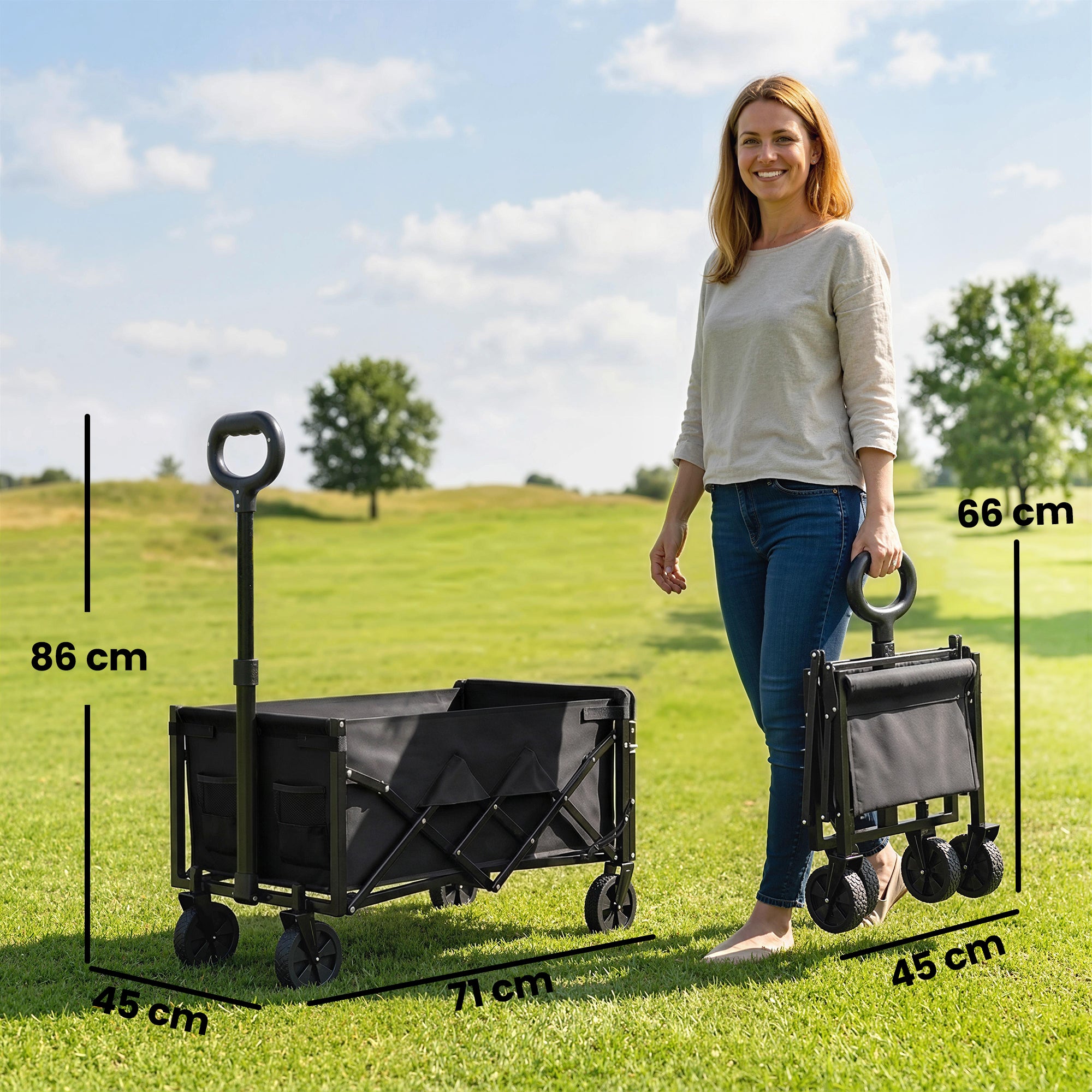 Outsunny 60L Foldable Festival Trolley on Wheels, Collapsible Wagon Cart with Drop-Down Tailgate, Adjustable Handle, Black 