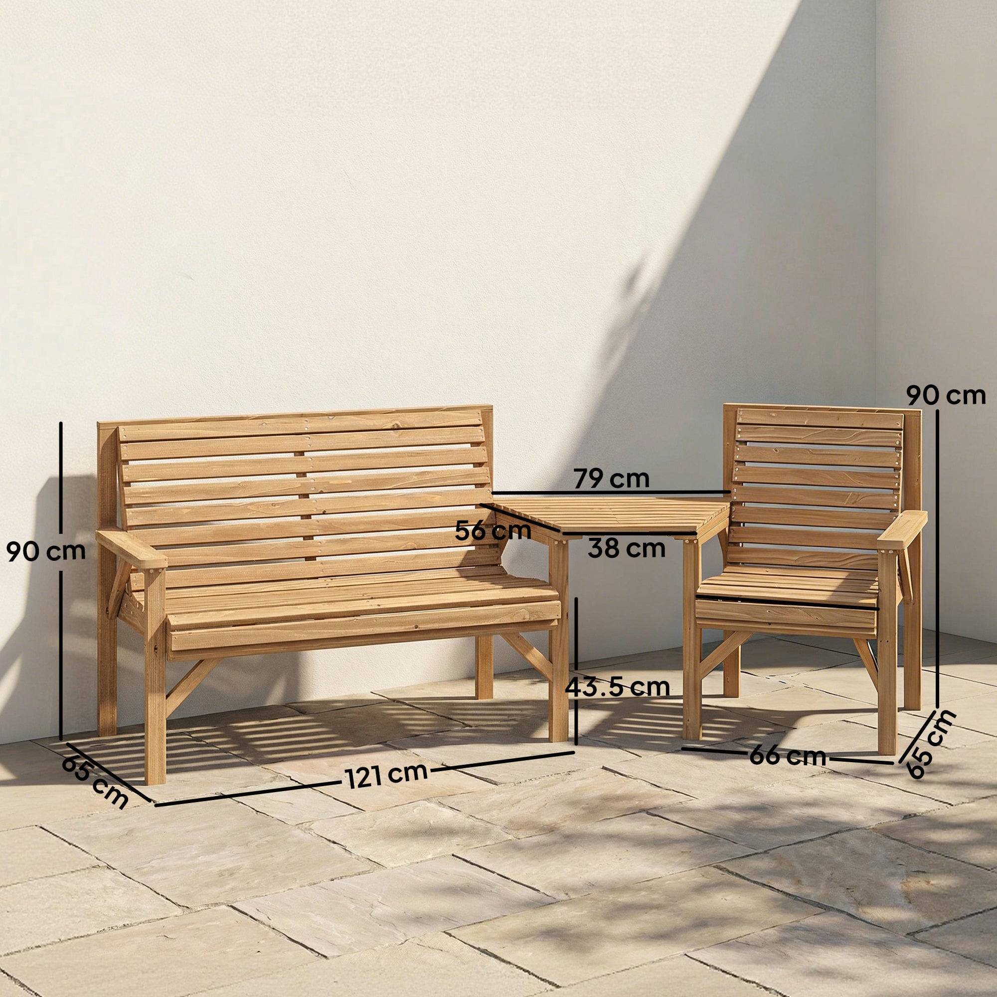 Outsunny Wooden Garden Furniture Set , 1 Chair, 1 Bench and Detachable Table, Natural Wood Finish 
