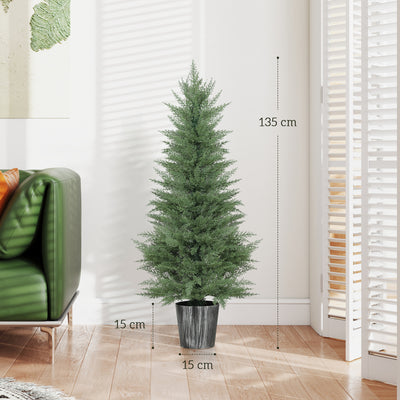 HOMCOM 135cm Artificial Cypress Trees Set of 2, UV Resistant Artificial Plants with Decorative Pot, Fake Plants for Indoor Outdoor Decor, Green 